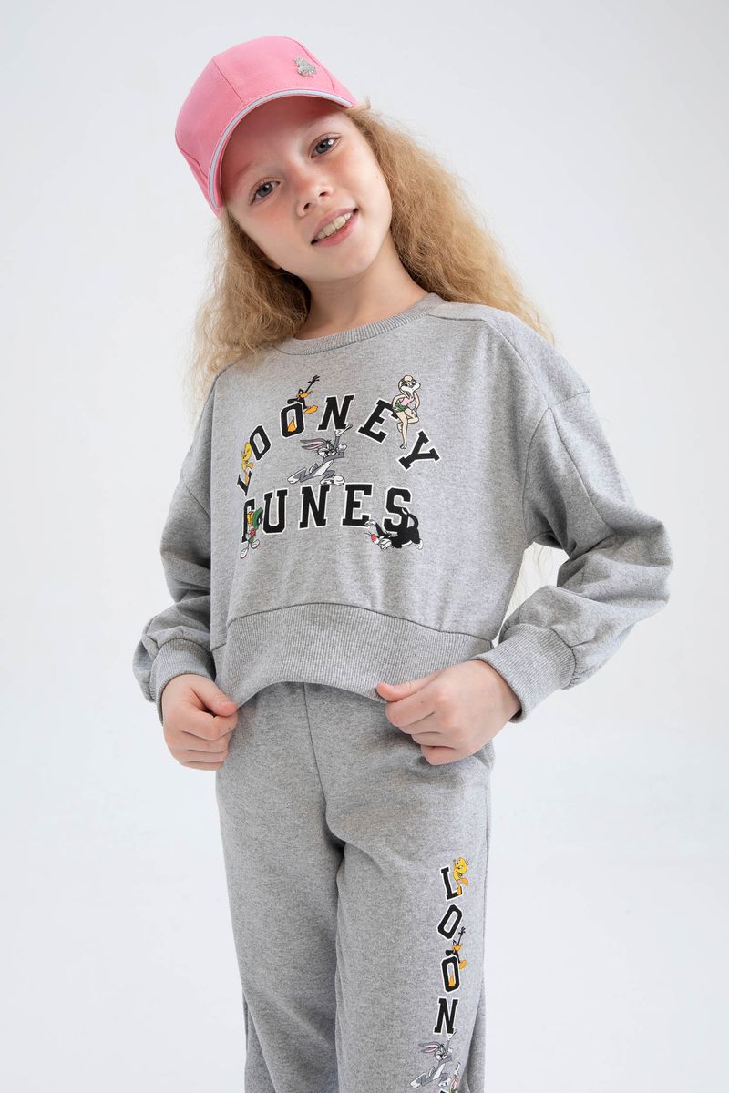 Girl - Cropped Fit C Neck Knitted Sweat Shirt - Grey