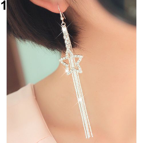 Women\'s Rhinestone Pentacle Star Drop Long Tassels Chain Hook Dangle Linear Earrings-Silver