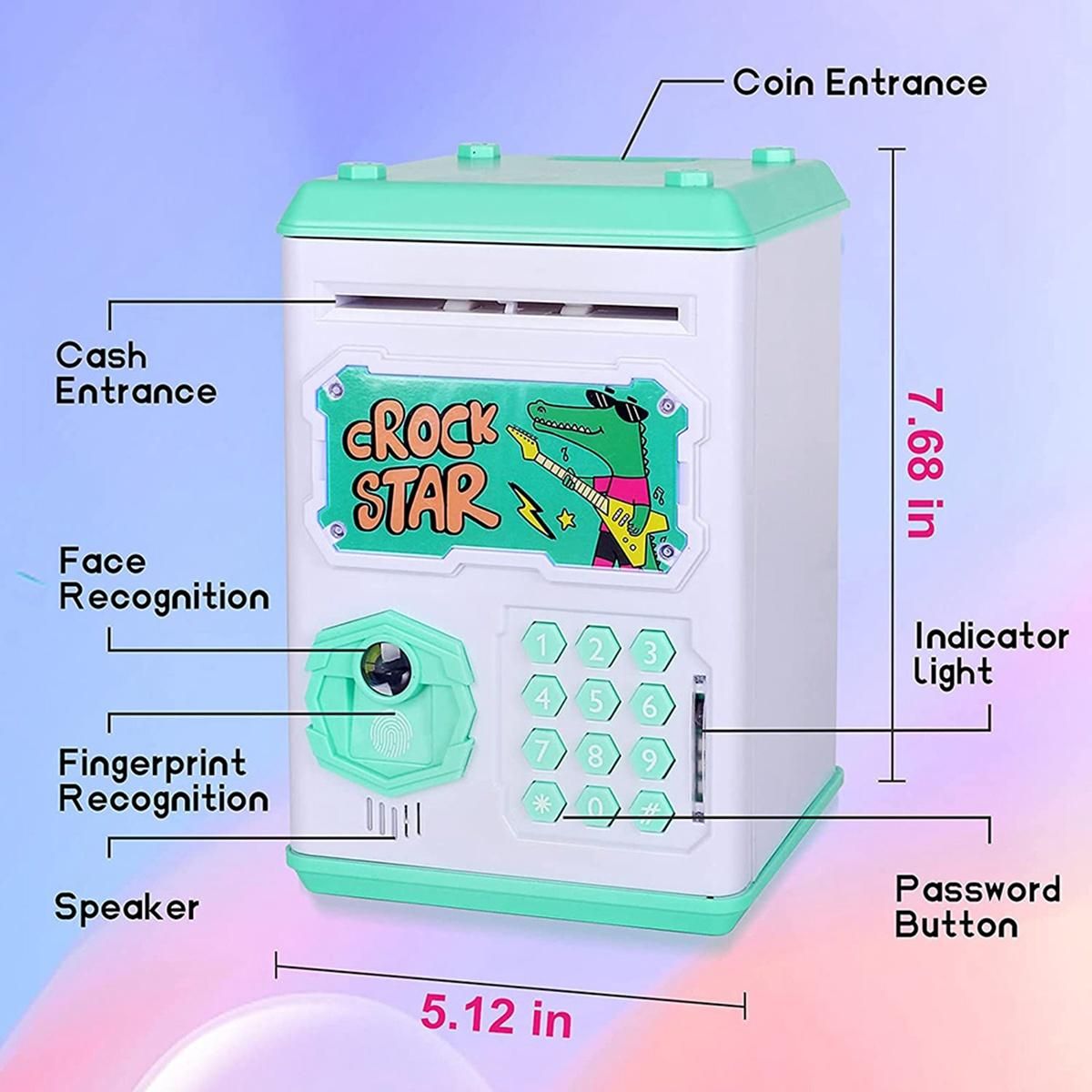 Electronic Piggy Bank,ATM Pas Coin Bank for Kids,Simulate Face Fingerprint Automatic Scroll Paper Money Coin Bank,A