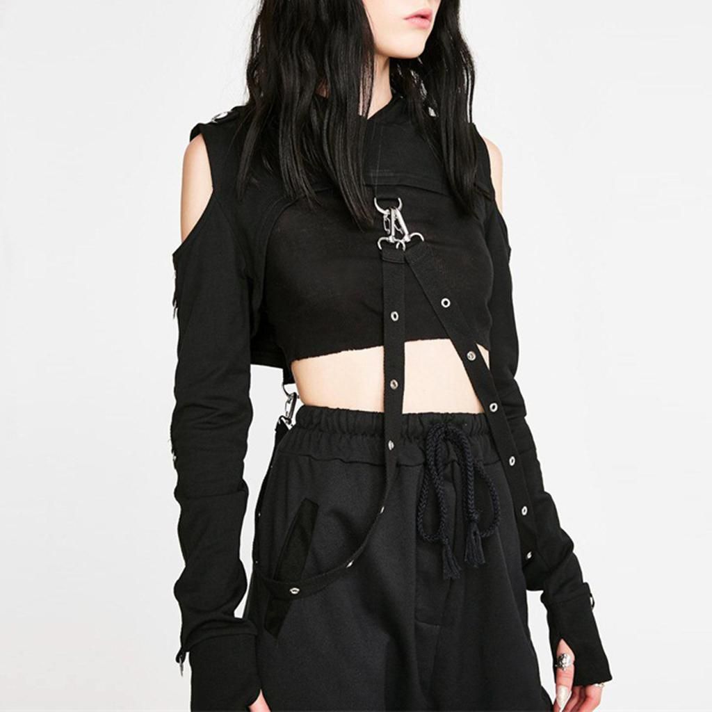Women Girls Gothic Cold Shoulder Hoodies  Ong Sleeve Crop Tops - L