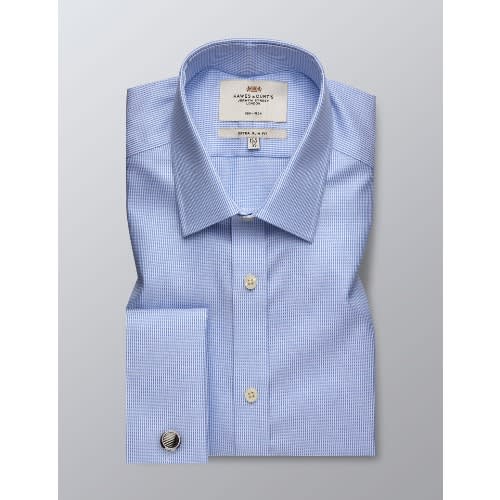 Men's Formal Navy & White Fabric Interest Dobby Fitted Slim Shirt - Double Cuff