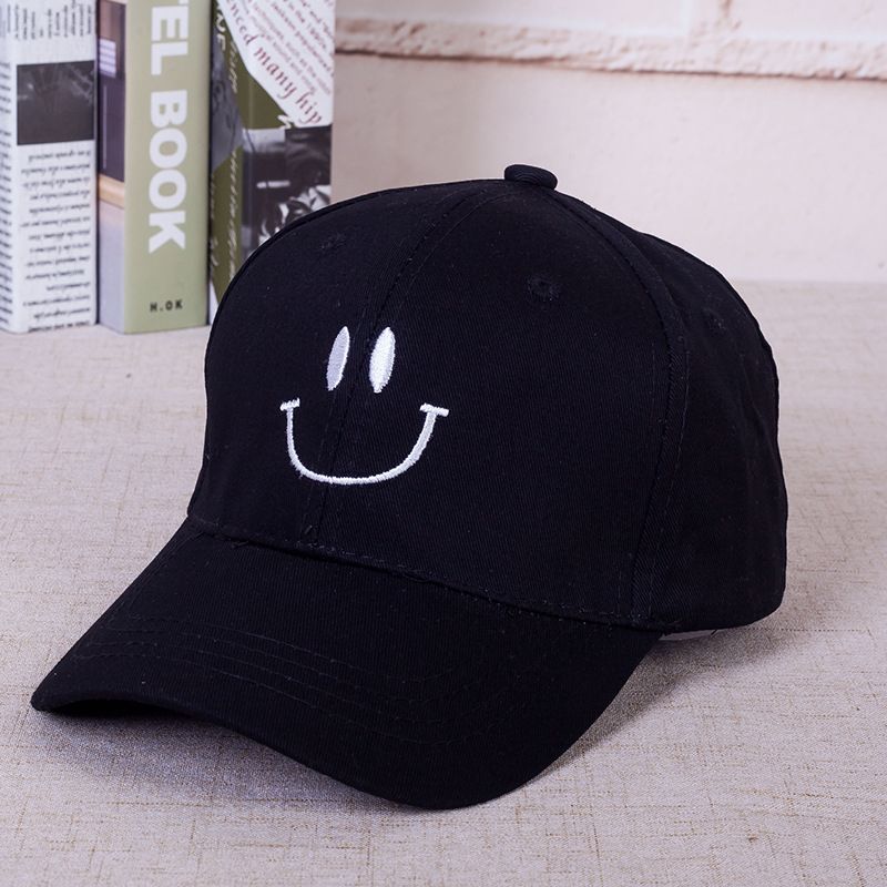 (Black)Korean Couple Sun Hat Male And Female Students Embroidered Smiley Face Baseball Cap Summ WJ