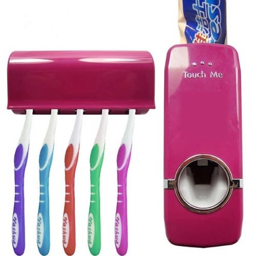 Automatic Toothpaste Dispenser + 5 Toothbrush Holder Set With Wall Mount Stand