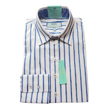 Women’s White & Blue Stripe Fitted Shirt With Contrast Detail– Single Cuff
