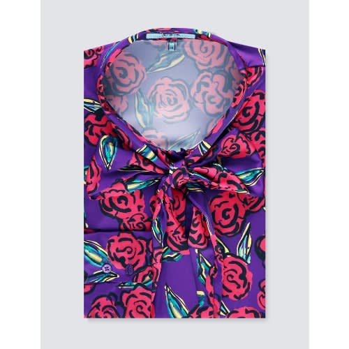Women's Purple & Red Large Flowers Print Satin Blouse - Single Cuff - Pussy Bow