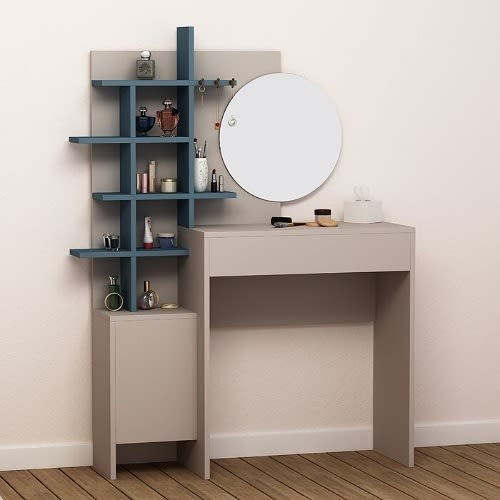 Dressing Table With Mirror - Light Mocha & Turquoise