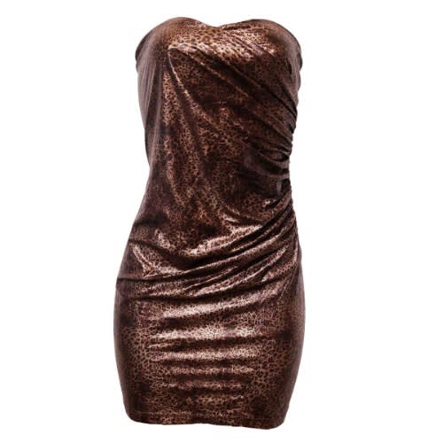 Ruched Side Zip Leopard Print Tube Dress- Brown