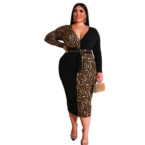 Leopard Print Patch Work Bodycon Dress