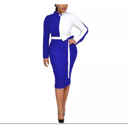 Long Sleeve 2-Tone Bodycon Dress - Blue & White