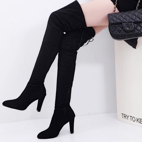 Women Long Stretch Over The Knee Boots Thigh High Heeled Boots Zipper Lace Shoes-Black 41