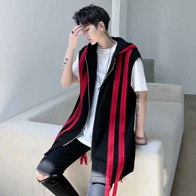 Zipper Long Hooded Vest Men Red Black Patchwork Punk Sleeveless Jacket Jacket