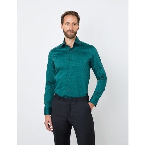 Men’s Curtis Dark Green Jacquard Slim Fit Shirt - Single Cuff