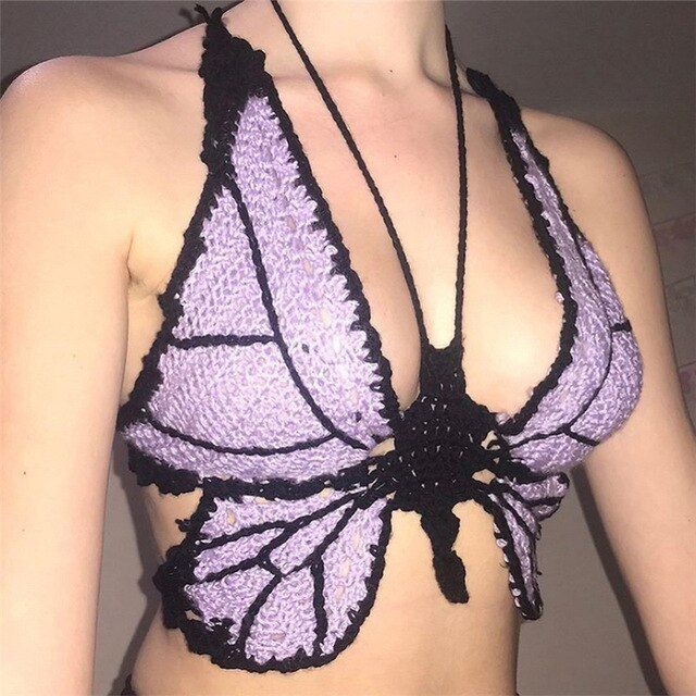 Pixiekiki Sexy Hollow Out Knitted Crochet Butterfly Crop Women Fairy Camis