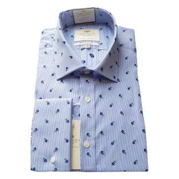 Men's Blue & White Stripe With Flower Design - Double Cuffs