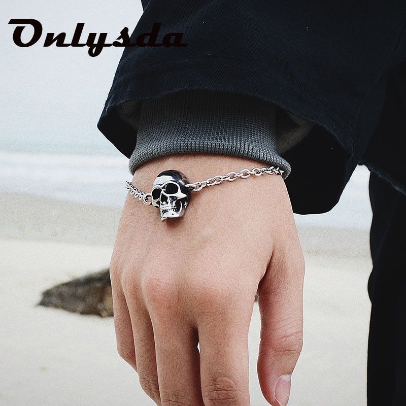 Onlysda Stainless Steel Cool Link Chain Skull Bracelet Men