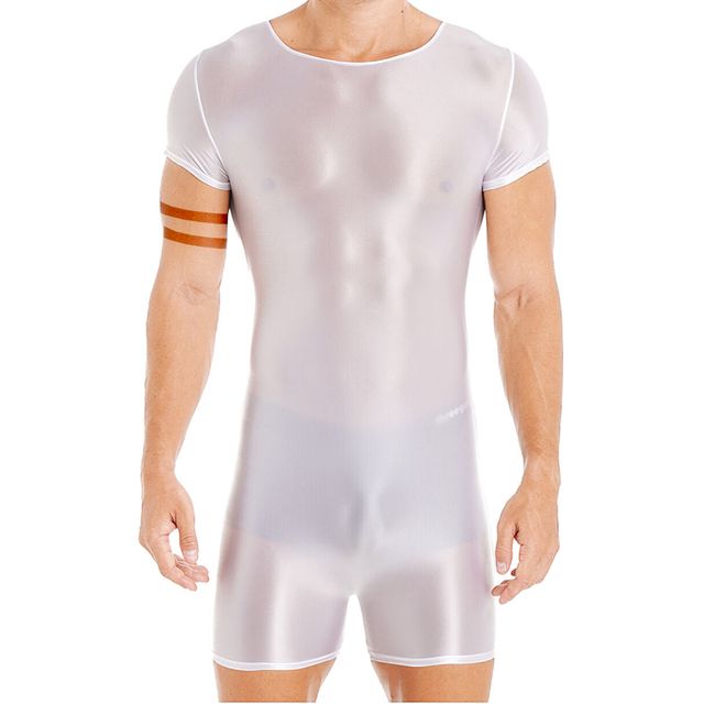 Mens Swimming Bodysuit Glossy Short Sleeve Round Neck Bodysuit Swimwear Sport