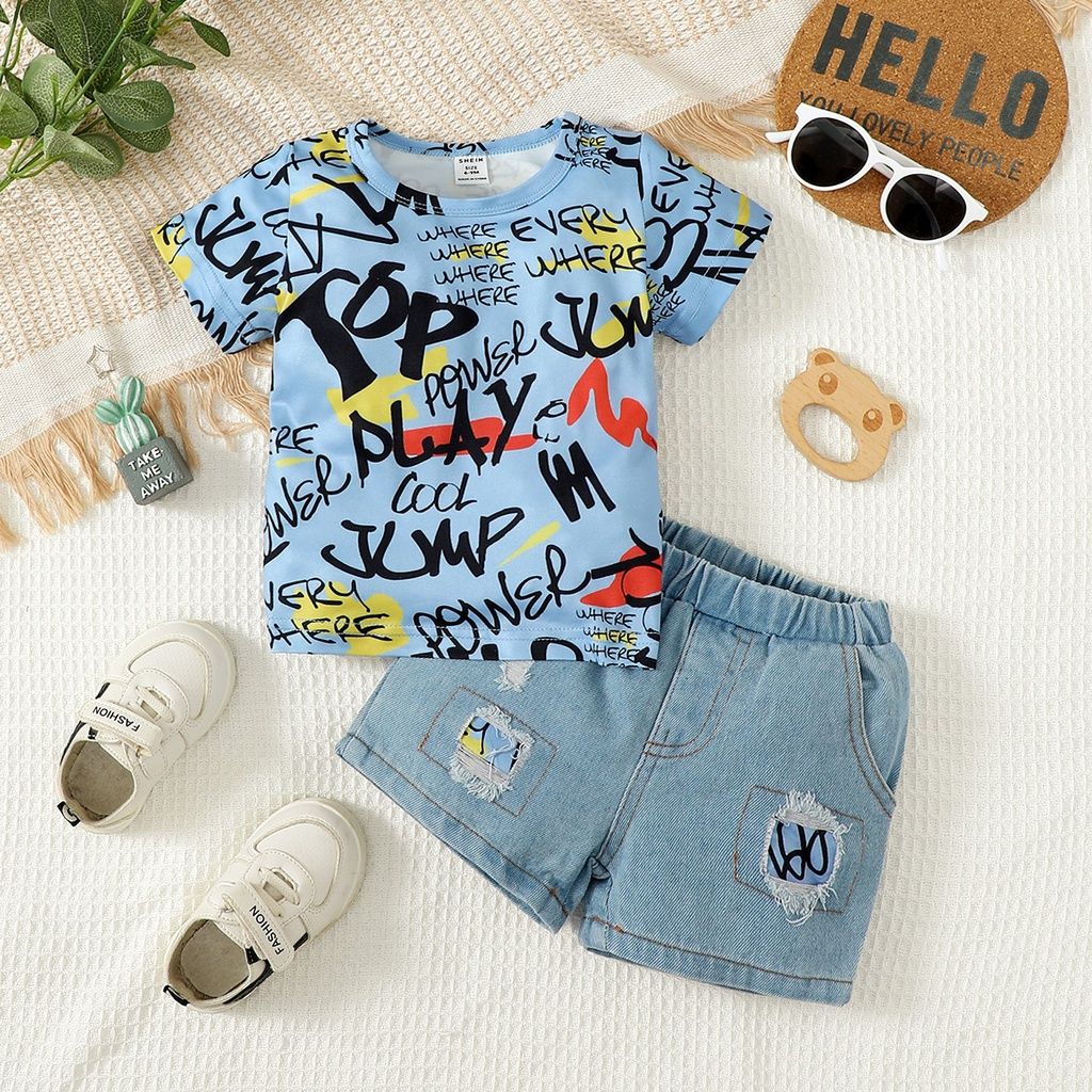 Toddler Baby Boy T-shirt Ripped Holes Shorts Jeans