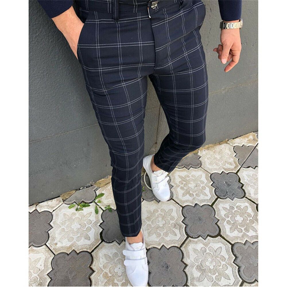 (Navy Blue)Men's Business Casual Striped Skinny Long Trousers Office Slim Fit Pa