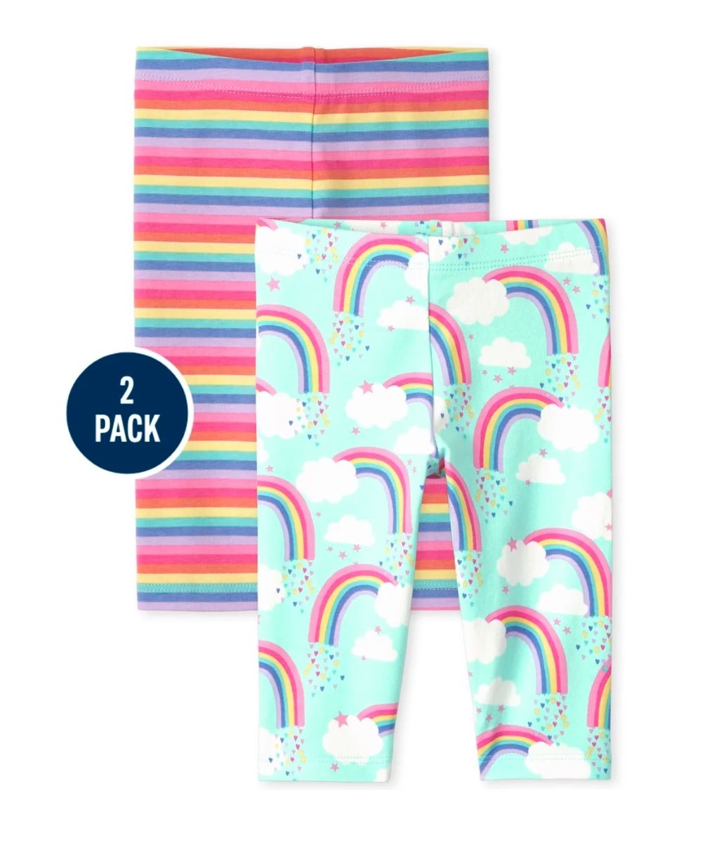Girls Rainbow Capri Leggings- Blue Pink Yellow 2 In 1 Set