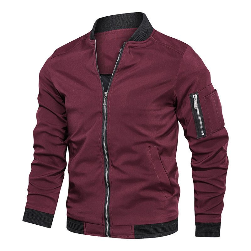 Men's Jacket-Lightweight Bomber Jacket Zip Pockets Coat Outwear (Red)