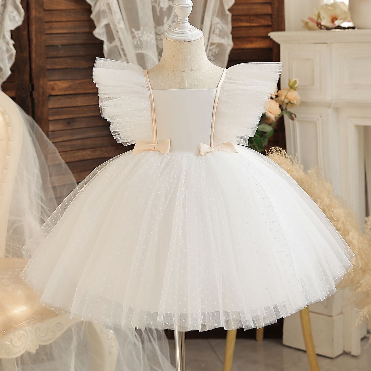BABY GIRL QUALITY FIRST BIRTHDAY STRIPE BOW GOWN - WHITE - BG412