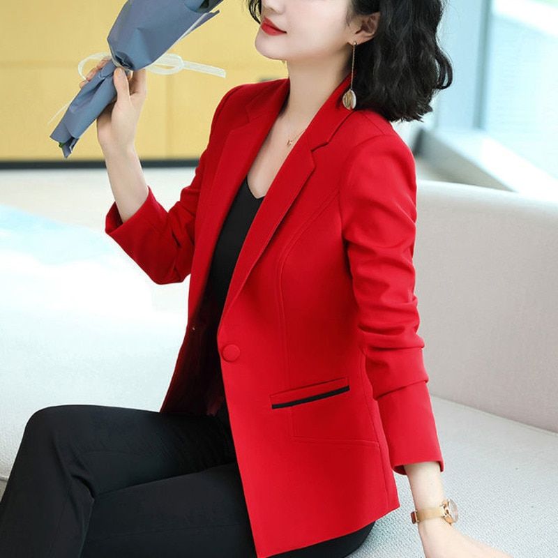 （Red）Ladies B Long Sleeve Blaser Women Suit Jacket Female Feminine B Femme