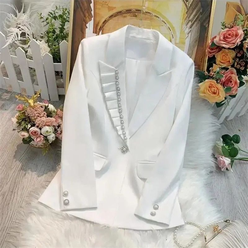 （White）Spring Ladies B New Fashion Pearl Frill Lapel Slim Women B Jacket