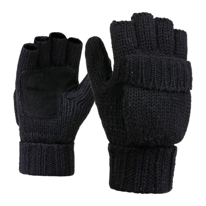 Flip Half Finger Mittens Knitted Thick Fingerless  For Black