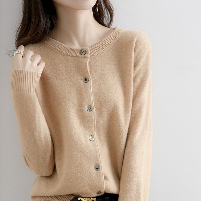 Women Cardigans Sweater O-neck Spring Autumn Knitted Cashmere-Light Brown