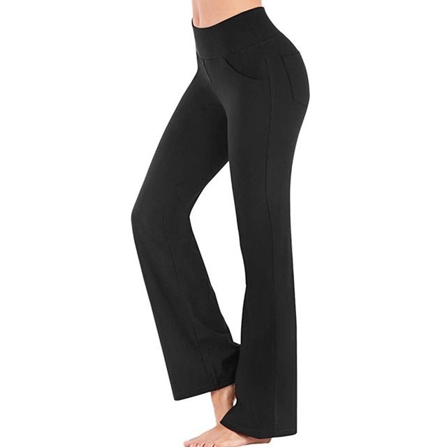 High Waist Flare Pants Women Office Ladies Elegant Long Pant Solid Wide Leg Bell_Bottom Trousers Fitness Yoga Pants(#A Black)