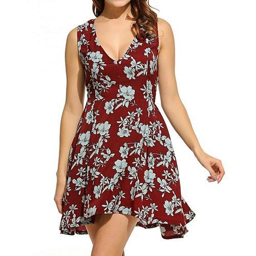 Women Casual Sleeveless Floral V Neck Flared Sexy Dress-Wine Red