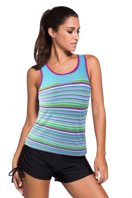 Mfed Colorful Stripe Print Mesh Splice Tankini