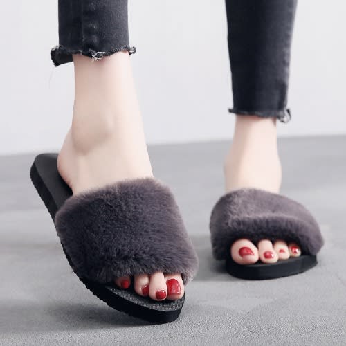 Faux Fur Slide Slippers - Grey