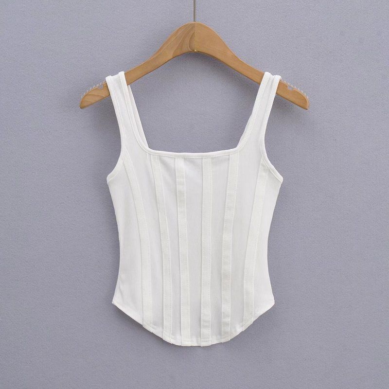 (White)2022 Summer Girls  Sleeveless Crop Tops All-match Stretch Vest Square Neck Striped Camisole WEF