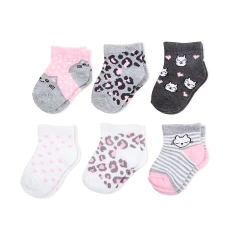 Newborn Baby Girl Kitty Face Shorty Socks - 6 Pairs