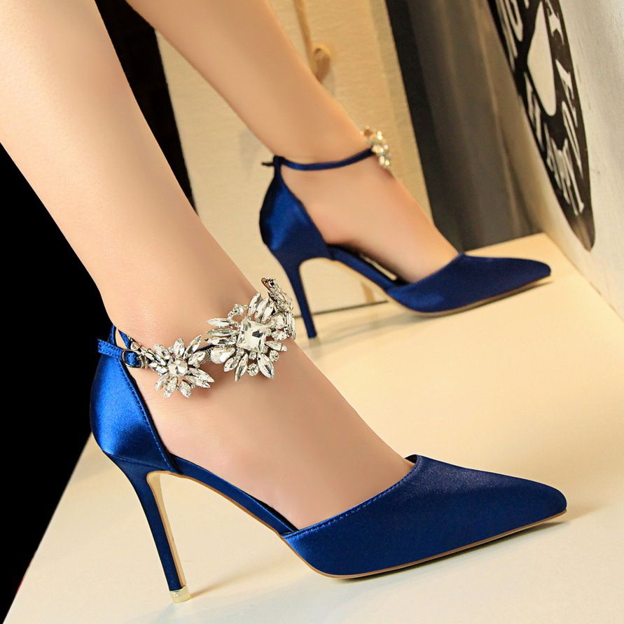 Ladies High Heel Sandal With Bowknot At Ankle-Blue