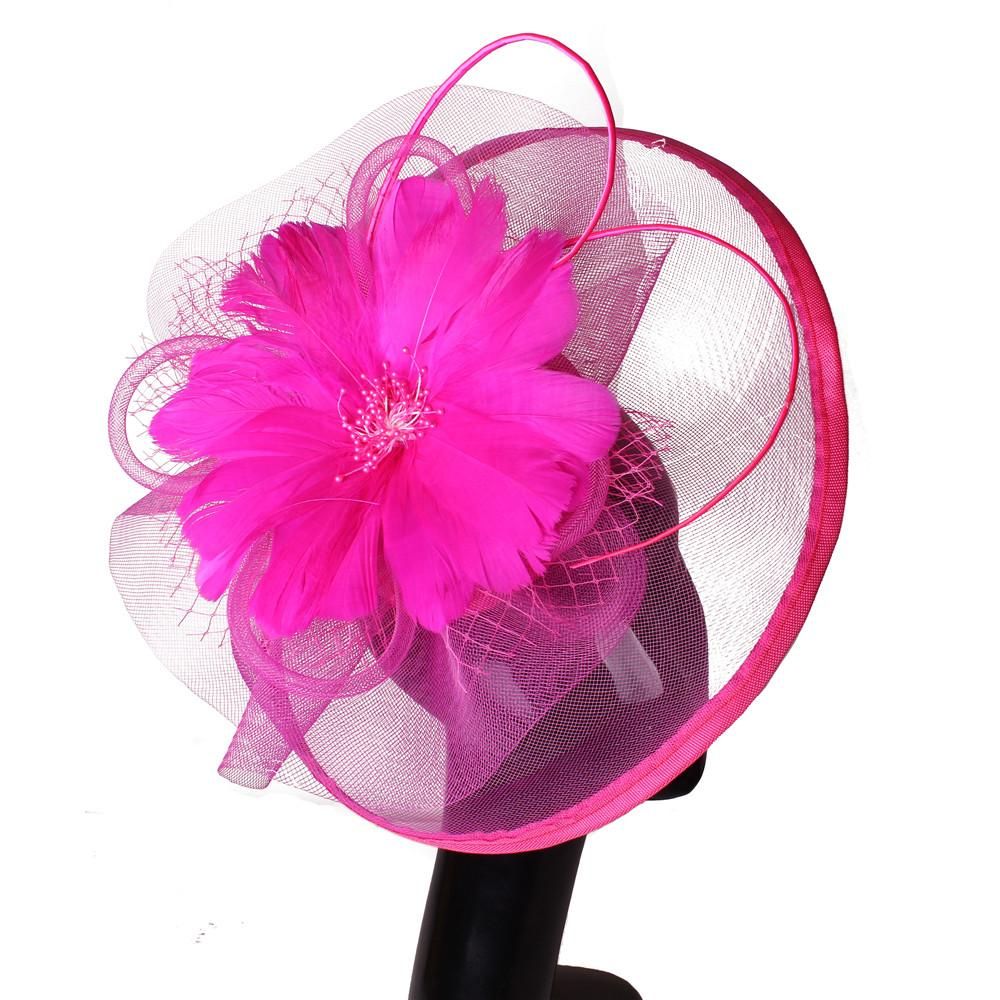 hot pink Kenducky Red Big Fascinator Hats Ladies Elegant Church Wedding Party tail Hats Elegant Hair Clips Mesh Hair Accessories
