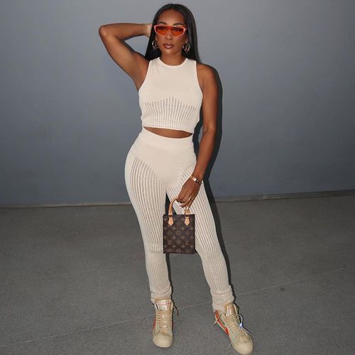Two Piece Set Women Mesh Sleeveless Short Top Sexy High Waist Female Trousers