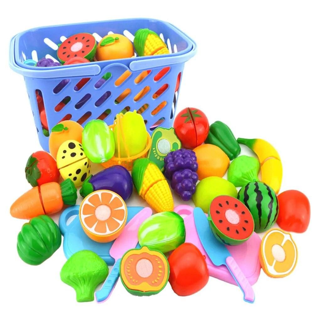 23pcs Kids Pretend Role Play Kitchen Toys Fruit Plastic Food Fruit Vegetable Cutting Set  Educational Toys for Children Girls