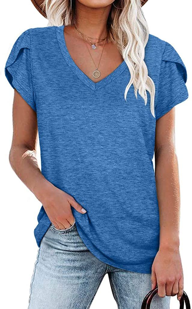 Women's Top V Neck Summer Petal Sleeve Casual Shirt
