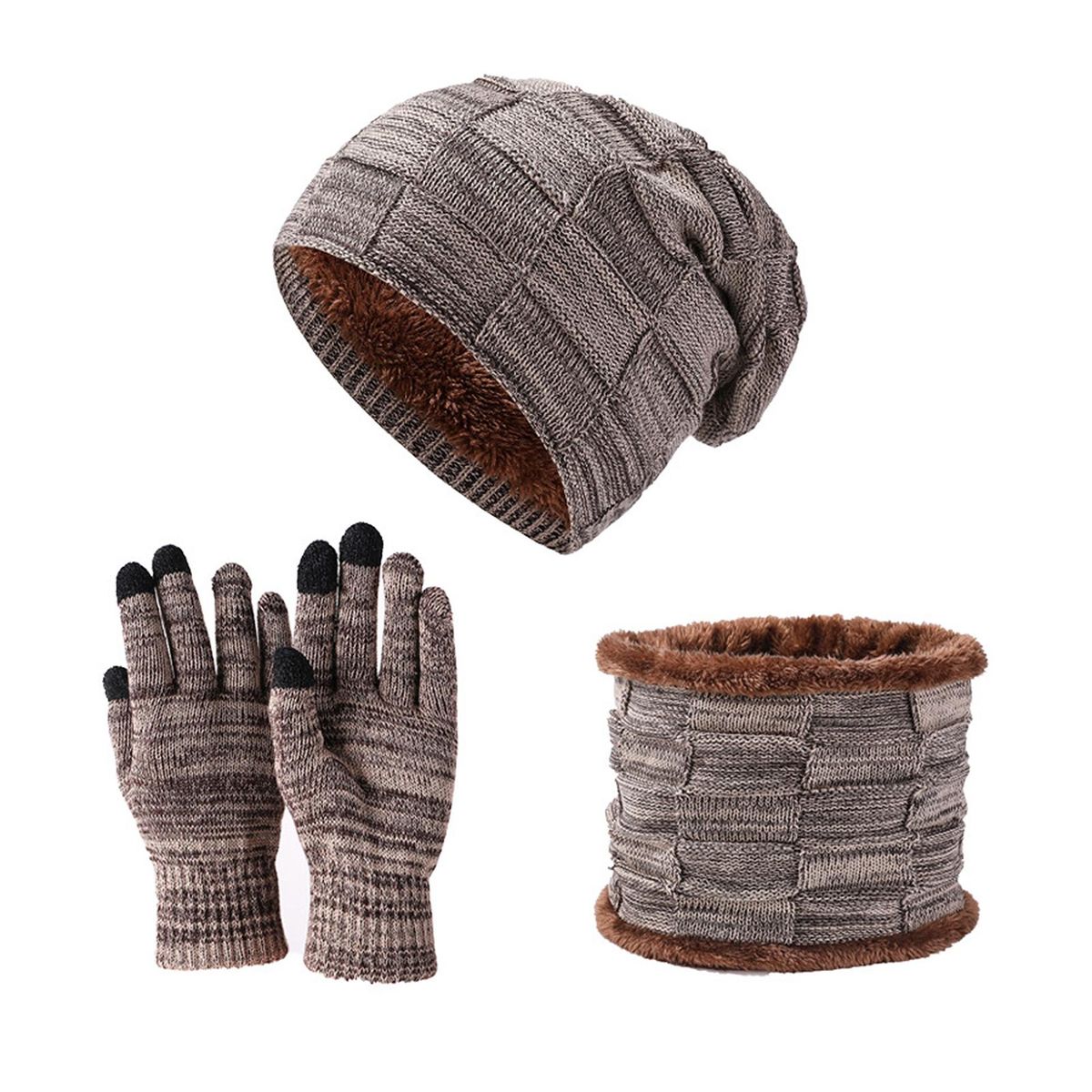 Winter Knitted Beanie Hat and Scarf Gloves Set Thick Fleece Lined Warm Cap Neck Warmer Touchscreen Gloves for Men Women