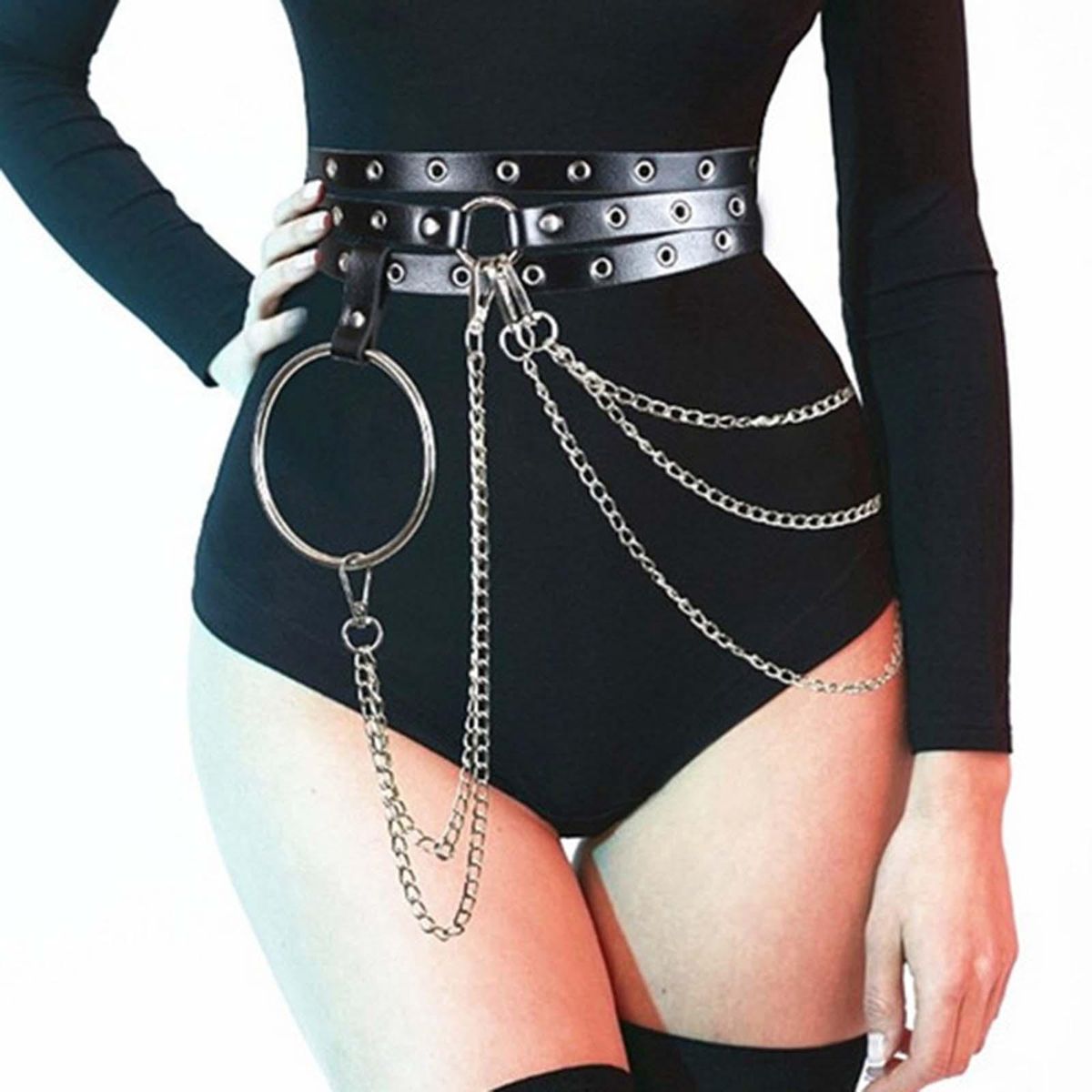 Gothic Women Waist Chain Belt Black Metal Chain Tassel One Size