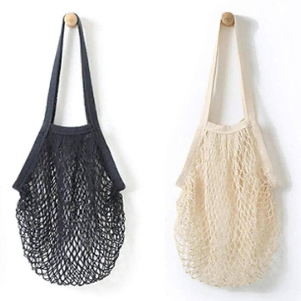 2Pcs Portable Reusable Mesh Cotton Net String Bag Organizer Shopping Tote Handbag Fruit Storage Shopper NEW (black,beige)
