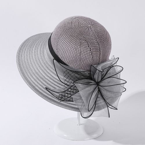 （Grey）New Flower Summer Sun Hats For Women Beach Organza Tea Party Hat Elegant Ladies Church Suncreen Wide Brim Beach Hat Fedoras DON