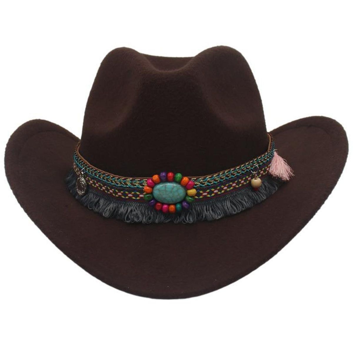 Cowboy Hat Ethnic Style Beaded Fedora Hat Woolen Top Hat for Men Women Dark Coffee