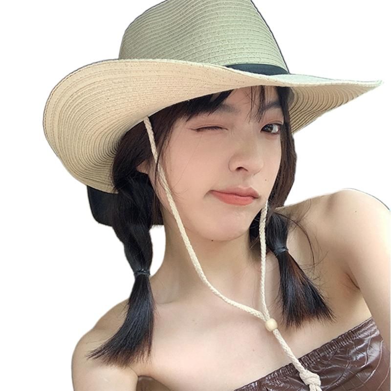 Hand woven Straw Hat with Steel Wire Foldable Wild Sun Protection Western Cowboy Hat with Windproof Rope for Men Women