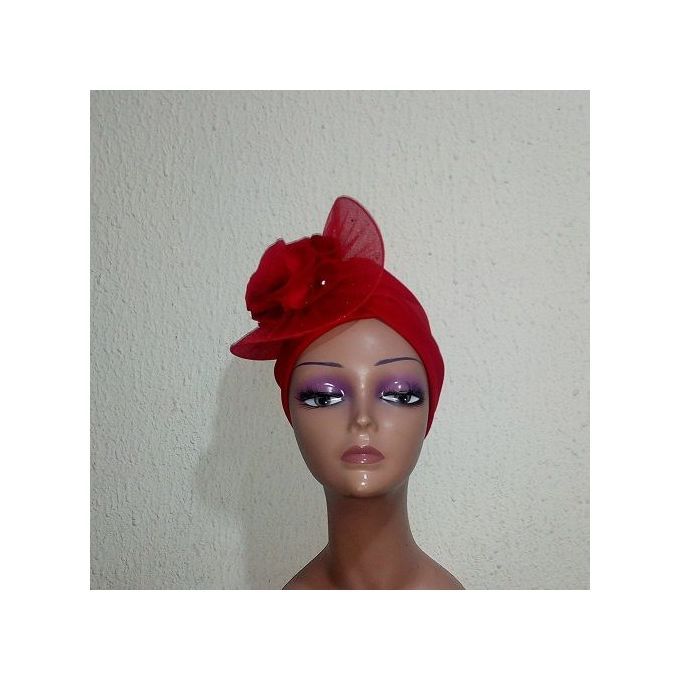 Ladies Turban Cap With Fascinator - RED 2