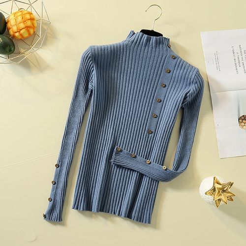Women Turtle Neck Knit Slim Fit Sweater Casual Long Sleeve Jumper Tops Button Decor - Blue