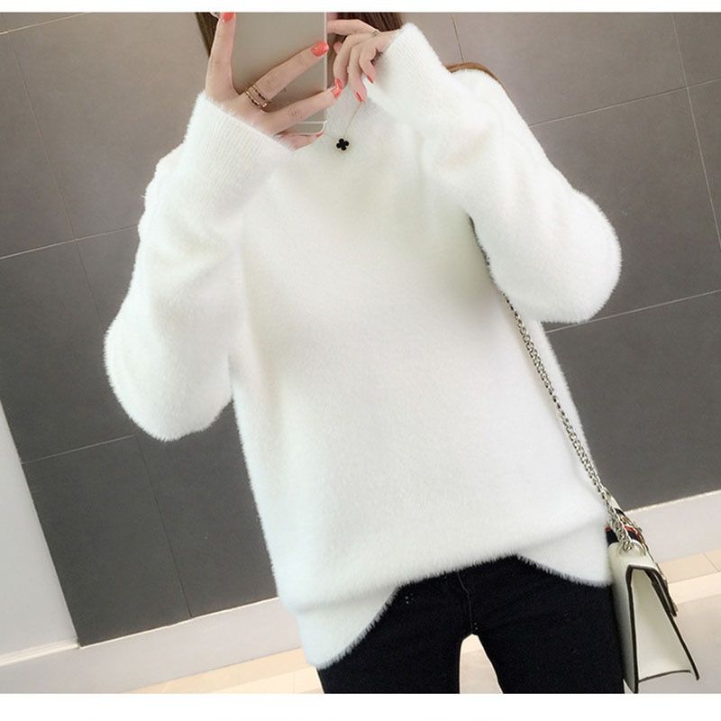 Warm Fall Knitted Faux Mink Fur Pullover Women Long Hair Turtle Neck Tops Ladies White Solid Color Jumper Casual Femme Pull Top(#Purple)