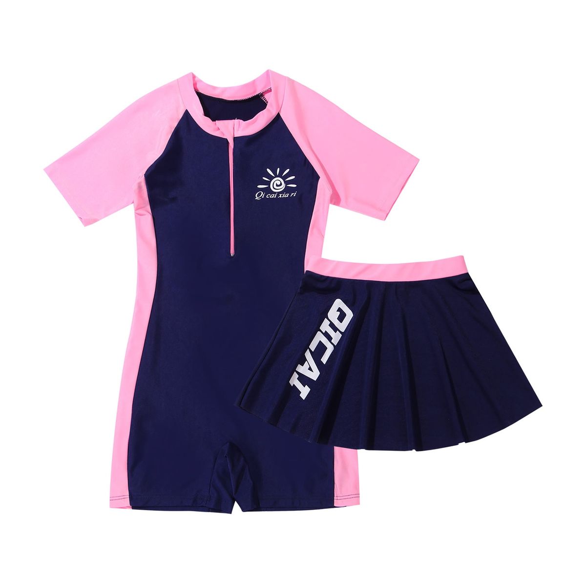 Kids Girls Swimsuits Sets Beachwear Outfit Mock Neck Short Sleeves-Navy Blue